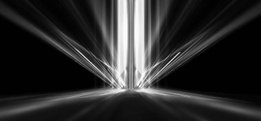 Boş sahne gösterisinin arka planı. Neon ışığı ve lazer gösterisi. Karanlık bir arka planda lazer fütüristik şekiller. Mavi neon ışığı, suda simetrik yansıma, geleceksel manzara, sahne.