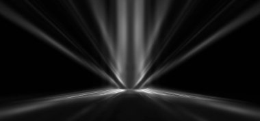 Boş sahne gösterisinin arka planı. Neon ışığı ve lazer gösterisi. Karanlık bir arka planda lazer fütüristik şekiller. Mavi neon ışığı, suda simetrik yansıma, geleceksel manzara, sahne.