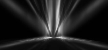 Boş sahne gösterisinin arka planı. Neon ışığı ve lazer gösterisi. Karanlık bir arka planda lazer fütüristik şekiller. Mavi neon ışığı, suda simetrik yansıma, geleceksel manzara, sahne.