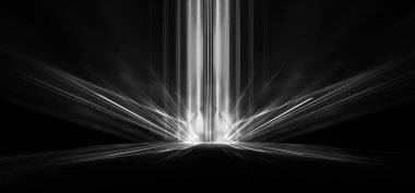 Boş sahne gösterisinin arka planı. Neon ışığı ve lazer gösterisi. Karanlık bir arka planda lazer fütüristik şekiller. Mavi neon ışığı, suda simetrik yansıma, geleceksel manzara, sahne.