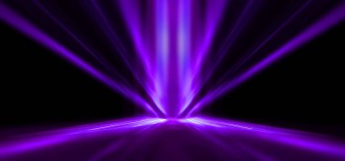 Boş sahne gösterisinin arka planı. Neon ışığı ve lazer gösterisi. Karanlık bir arka planda lazer fütüristik şekiller. Mavi neon ışığı, suda simetrik yansıma, geleceksel manzara, sahne.