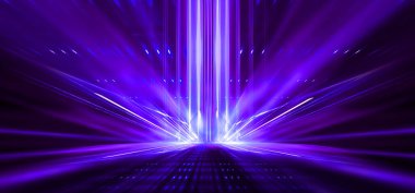 Boş sahne gösterisinin arka planı. Neon ışığı ve lazer gösterisi. Karanlık bir arka planda lazer fütüristik şekiller. Mavi neon ışığı, suda simetrik yansıma, geleceksel manzara, sahne.