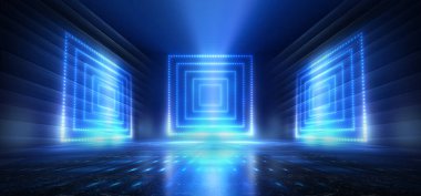 Boş sahne gösterisinin arka planı. Neon ışığı ve lazer gösterisi. Karanlık bir arka planda lazer fütüristik şekiller. Mavi neon ışığı, suda simetrik yansıma, geleceksel manzara, sahne.