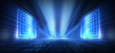 Boş sahne gösterisinin arka planı. Neon ışığı ve lazer gösterisi. Karanlık bir arka planda lazer fütüristik şekiller. Mavi neon ışığı, suda simetrik yansıma, geleceksel manzara, sahne.