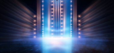 Boş sahne gösterisinin arka planı. Neon ışığı ve lazer gösterisi. Karanlık bir arka planda lazer fütüristik şekiller. Mavi neon ışığı, suda simetrik yansıma, geleceksel manzara, sahne.