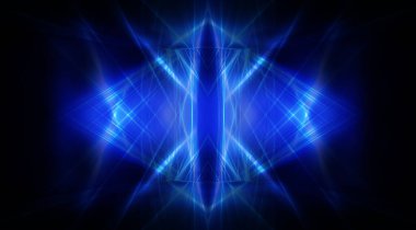 Boş sahne gösterisinin arka planı. Neon ışığı ve lazer gösterisi. Karanlık bir arka planda lazer fütüristik şekiller. Mavi neon ışığı, suda simetrik yansıma, geleceksel manzara, sahne.