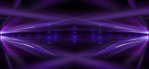 Background of empty stage show. Neon light and laser show. Laser futuristic shapes on a dark background. Blue neon light, symmetrical reflection in water, futuristic landscape, stage.