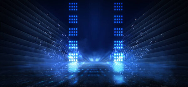 Фон пустого сценического шоу. Неоновое световое и лазерное шоу. Лазерные футуристические формы на тёмном фоне. Синий неоновый свет, симметричное отражение в воде, футуристический пейзаж, сцена.