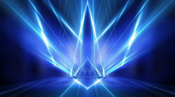 Background of empty stage show. Neon light and laser show. Laser futuristic shapes on a dark background. Blue neon light, symmetrical reflection in water, futuristic landscape, stage.