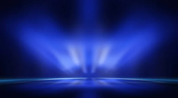 Background of empty stage show. Neon light and laser show. Laser futuristic shapes on a dark background. Blue neon light, symmetrical reflection in water, futuristic landscape, stage.