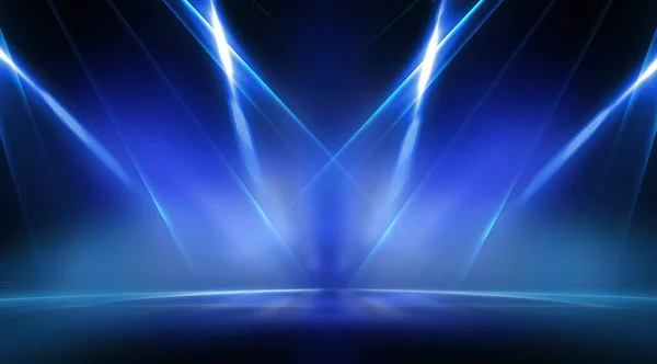 Background of empty stage show. Neon light and laser show. Laser futuristic shapes on a dark background. Blue neon light, symmetrical reflection in water, futuristic landscape, stage.