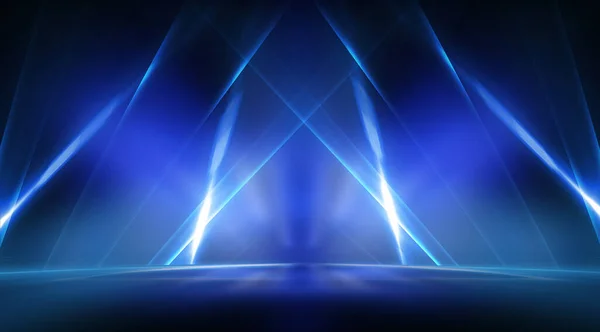 Background of empty stage show. Neon light and laser show. Laser futuristic shapes on a dark background. Blue neon light, symmetrical reflection in water, futuristic landscape, stage.