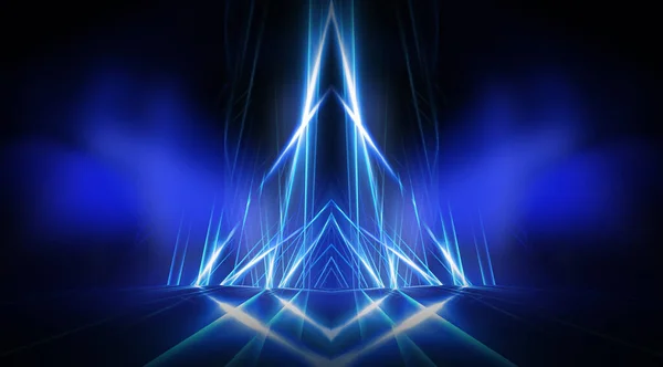 Background of empty stage show. Neon light and laser show. Laser futuristic shapes on a dark background. Blue neon light, symmetrical reflection in water, futuristic landscape, stage.