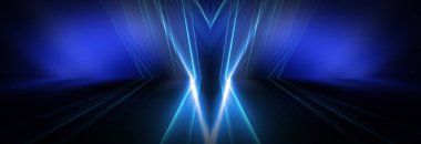 Boş sahne gösterisinin arka planı. Neon ışığı ve lazer gösterisi. Karanlık bir arka planda lazer fütüristik şekiller. Mavi neon ışığı, suda simetrik yansıma, geleceksel manzara, sahne.