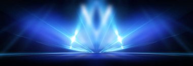 Boş sahne gösterisinin arka planı. Neon ışığı ve lazer gösterisi. Karanlık bir arka planda lazer fütüristik şekiller. Mavi neon ışığı, suda simetrik yansıma, geleceksel manzara, sahne.