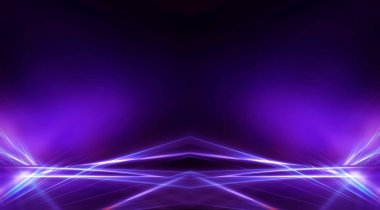 Boş sahne gösterisinin arka planı. Neon ışığı ve lazer gösterisi. Karanlık bir arka planda lazer fütüristik şekiller. Mavi neon ışığı, suda simetrik yansıma, geleceksel manzara, sahne.