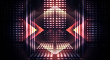 Boş sahne gösterisinin arka planı. Neon ışığı ve lazer gösterisi. Karanlık bir arka planda lazer fütüristik şekiller. Mavi neon ışığı, suda simetrik yansıma, geleceksel manzara, sahne.