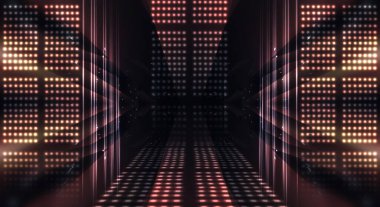 Boş sahne gösterisinin arka planı. Neon ışığı ve lazer gösterisi. Karanlık bir arka planda lazer fütüristik şekiller. Mavi neon ışığı, suda simetrik yansıma, geleceksel manzara, sahne.