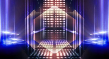 Boş sahne gösterisinin arka planı. Neon ışığı ve lazer gösterisi. Karanlık bir arka planda lazer fütüristik şekiller. Mavi neon ışığı, suda simetrik yansıma, geleceksel manzara, sahne.