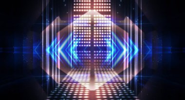 Boş sahne gösterisinin arka planı. Neon ışığı ve lazer gösterisi. Karanlık bir arka planda lazer fütüristik şekiller. Mavi neon ışığı, suda simetrik yansıma, geleceksel manzara, sahne.