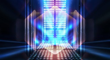 Boş sahne gösterisinin arka planı. Neon ışığı ve lazer gösterisi. Karanlık bir arka planda lazer fütüristik şekiller. Mavi neon ışığı, suda simetrik yansıma, geleceksel manzara, sahne.