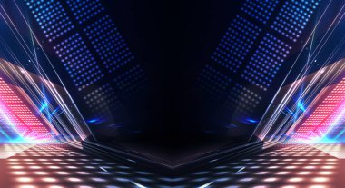 Boş sahne gösterisinin arka planı. Neon ışığı ve lazer gösterisi. Karanlık bir arka planda lazer fütüristik şekiller. Mavi neon ışığı, suda simetrik yansıma, geleceksel manzara, sahne.