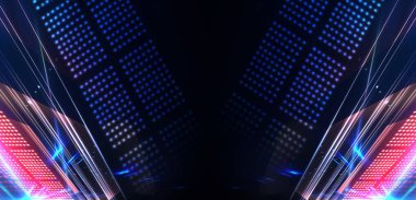 Boş sahne gösterisinin arka planı. Neon ışığı ve lazer gösterisi. Karanlık bir arka planda lazer fütüristik şekiller. Mavi neon ışığı, suda simetrik yansıma, geleceksel manzara, sahne.