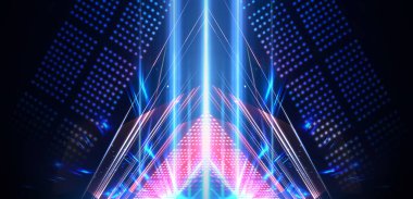 Boş sahne gösterisinin arka planı. Neon ışığı ve lazer gösterisi. Karanlık bir arka planda lazer fütüristik şekiller. Mavi neon ışığı, suda simetrik yansıma, geleceksel manzara, sahne.