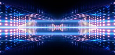 Boş sahne gösterisinin arka planı. Neon ışığı ve lazer gösterisi. Karanlık bir arka planda lazer fütüristik şekiller. Mavi neon ışığı, suda simetrik yansıma, geleceksel manzara, sahne.