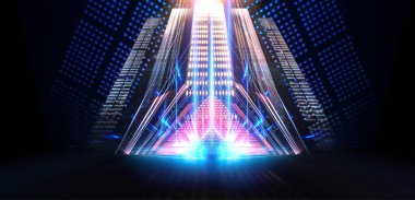 Boş sahne gösterisinin arka planı. Neon ışığı ve lazer gösterisi. Karanlık bir arka planda lazer fütüristik şekiller. Mavi neon ışığı, suda simetrik yansıma, geleceksel manzara, sahne.