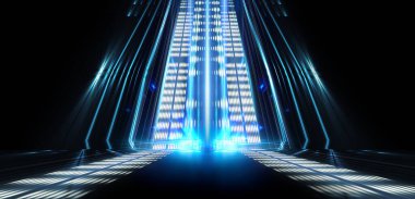 Boş sahne gösterisinin arka planı. Neon ışığı ve lazer gösterisi. Karanlık bir arka planda lazer fütüristik şekiller. Mavi neon ışığı, suda simetrik yansıma, geleceksel manzara, sahne.