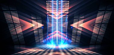 Boş sahne gösterisinin arka planı. Neon ışığı ve lazer gösterisi. Karanlık bir arka planda lazer fütüristik şekiller. Mavi neon ışığı, suda simetrik yansıma, geleceksel manzara, sahne.