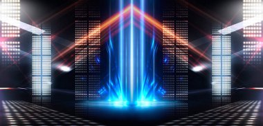 Boş sahne gösterisinin arka planı. Neon ışığı ve lazer gösterisi. Karanlık bir arka planda lazer fütüristik şekiller. Mavi neon ışığı, suda simetrik yansıma, geleceksel manzara, sahne.