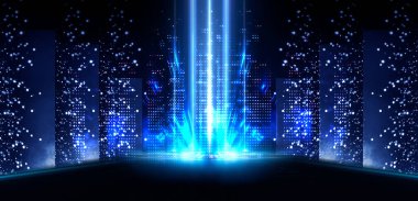 Boş sahne gösterisinin arka planı. Neon ışığı ve lazer gösterisi. Karanlık bir arka planda lazer fütüristik şekiller. Mavi neon ışığı, suda simetrik yansıma, geleceksel manzara, sahne.