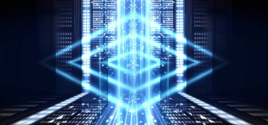 Boş sahne gösterisinin arka planı. Neon ışığı ve lazer gösterisi. Karanlık bir arka planda lazer fütüristik şekiller. Mavi neon ışığı, suda simetrik yansıma, geleceksel manzara, sahne.