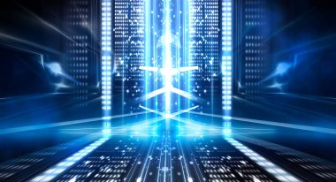 Boş sahne gösterisinin arka planı. Neon ışığı ve lazer gösterisi. Karanlık bir arka planda lazer fütüristik şekiller. Mavi neon ışığı, suda simetrik yansıma, geleceksel manzara, sahne.