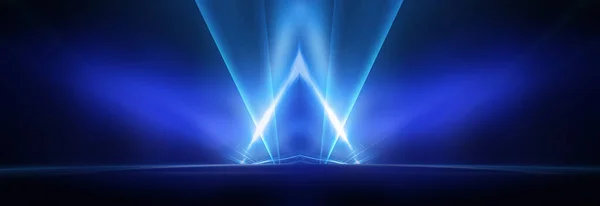 Background of empty stage show. Neon light and laser show. Laser futuristic shapes on a dark background. Blue neon light, symmetrical reflection in water, futuristic landscape, stage.