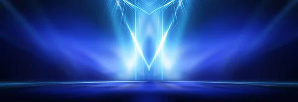 Background of empty stage show. Neon light and laser show. Laser futuristic shapes on a dark background. Blue neon light, symmetrical reflection in water, futuristic landscape, stage.