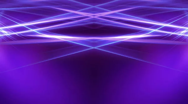 Background of empty stage show. Neon light and laser show. Laser futuristic shapes on a dark background. Blue neon light, symmetrical reflection in water, futuristic landscape, stage.