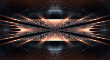Işınlar ve çizgiler ile soyut modern karanlık arka plan. Karanlık, boş sahne. Altın ışıklı, soyut bir arka plan. Neon ışığı, simetrik yansıma. Altın lüks arka plan. 3B illüstrasyon. 
