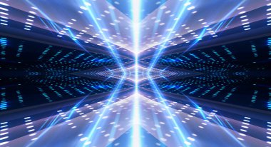 Işınlar ve çizgiler ile soyut modern karanlık arka plan. Karanlık, boş sahne. Altın ışıklı, soyut bir arka plan. Neon ışığı, simetrik yansıma. Altın lüks arka plan. 3B illüstrasyon. 