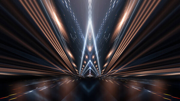 Абстрактный современный темный фон с дождями и линиями. Темная пустая сцена. Ночной абстрактный фон с золотым светом. Неоновый свет, симметричное отражение. Золотой роскошный фон. 3D иллюстрация. 