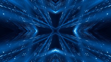 Soyut koyu fütüristik mavi gece arkaplanı. Işınlar ve çizgiler, şimşekler, ışıklar. Mavi neon ışığı, simetrik yansıma, gelecekteki ışık tüneli, sahne. 