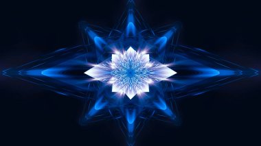 Soyut koyu fütüristik mavi gece arkaplanı. Işınlar ve çizgiler, şimşekler, ışıklar. Mavi neon ışığı, simetrik yansıma, gelecekteki ışık tüneli, sahne. 