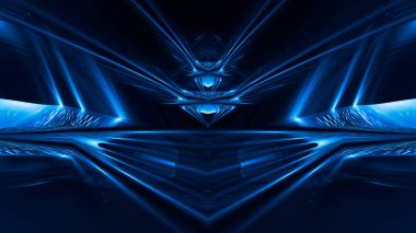Soyut koyu fütüristik mavi gece arkaplanı. Işınlar ve çizgiler, şimşekler, ışıklar. Mavi neon ışığı, simetrik yansıma, gelecekteki ışık tüneli, sahne. 