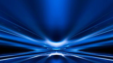 Soyut koyu fütüristik mavi gece arkaplanı. Işınlar ve çizgiler, şimşekler, ışıklar. Mavi neon ışığı, simetrik yansıma, gelecekteki ışık tüneli, sahne. 
