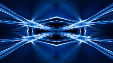 Soyut koyu fütüristik mavi gece arkaplanı. Işınlar ve çizgiler, şimşekler, ışıklar. Mavi neon ışığı, simetrik yansıma, gelecekteki ışık tüneli, sahne. 