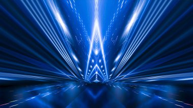 Soyut koyu fütüristik mavi gece arkaplanı. Işınlar ve çizgiler, şimşekler, ışıklar. Mavi neon ışığı, simetrik yansıma, gelecekteki ışık tüneli, sahne. 
