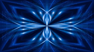 Soyut koyu fütüristik mavi gece arkaplanı. Işınlar ve çizgiler, şimşekler, ışıklar. Mavi neon ışığı, simetrik yansıma, gelecekteki ışık tüneli, sahne. 