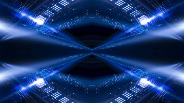 Soyut koyu fütüristik mavi gece arkaplanı. Işınlar ve çizgiler, şimşekler, ışıklar. Mavi neon ışığı, simetrik yansıma, gelecekteki ışık tüneli, sahne. 
